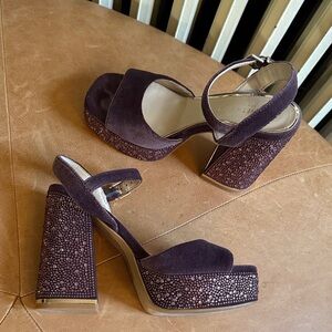 Kenneth Cole Purple Velvet Platform Sandals with Crystal Accents